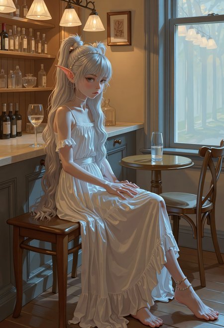 SWMS, elf sorcerer girl, snowy white hair cascading down her back, Dimly lit neon eyes, pale white skin, (sleek skintight elven outfit), (voluminous cloak), sharp narrow jaw, ((Full Body)), crystal crown, ((Detailed fantasy elven city background)), ((glyphs, runes, glowing)), sitting at cafe bar, turned around, looking back, detailed drawing   <lora:FLUX - SWMSF - Styles for FLUX ( detailed drawing, swms ):1> <lora:FLUX - Surreal_Photo (Glitter):0.6>