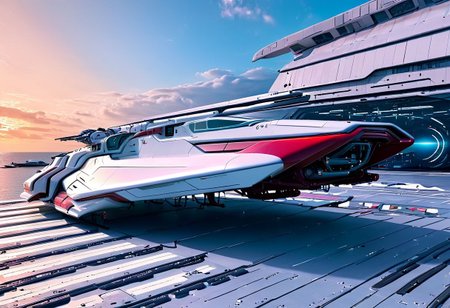 photograph, a clean hangar, door open, tropical island, ocean, beach, (smooth, sleek, neotech white and red (WipEout anti-gravity craft), (split-front:1.3), parked in a hangar):2, blue sky, sunset, sharp, high detailed, realistic, scifi, futuristic, science fiction, sharp focus, masterpiece, best quality
