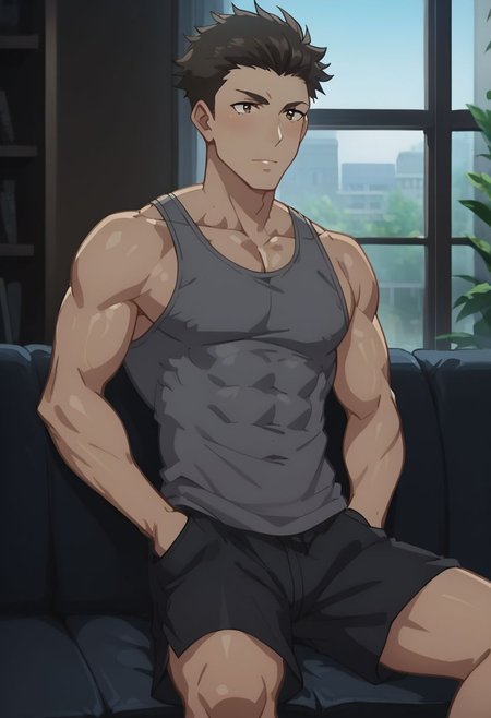 score_9, score_8_up, score_7_up, source_anime, rating_safe, anime screencap, Krom, official style, 1boy, male focus, grey tank top, hands in pocket, black shorts, sitting-relaxing, on a couch, finely detailed face, at a blurry living room, large bright window, realistic dramatic lighting, dark theme, low light,