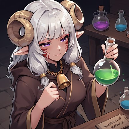 <lora:whisker_markings:0.8> red_whisker_markings:1.4, face paint,source_furry, score_7_up, rating_safe, cowboy shot, gold necklace, tiefing, short pointed ears, horns, (a pair of brown sheep Horns that begin at her temples and curve back: 1.5), bangs,long silver hair long wavy hair, pale skin, pointy ears, purple eyes:1.2, <lora:age_slider_v4:0.6>   medium breasts, skinny female, close up, silver hair <lora:Tieflingnew weird fantasyDND:0.3> Tiefling, pointed ears, horns, from above, angry, half-closed eyes:1.5, smile mouth:1.2,<lora:Smooth Style 2 SDXL_LoRA_Pony Diffusion V6 XL:0.5>  shepherd's crook, bell, robe, hood off, <lora:Nanoless_Artist_Style_PonyXL:0.3> ,  <lora:potion_round-bottom_flask:0.5> ((potion, round-bottom_flask)) , drinking flask:1.4,