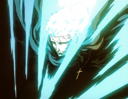 best quality, highres, absurdres, (traditional media, refined digital media \(artwork\):0.6),  masterpiece, anime screenshot, 1990s (style),
(artist: sabu \(sabudenego\):0.6),universal portrait, angle, dynamic, perspective, solo,
grove marcus \(vampire hunter d\), astral projection, magic, 1boy, cross, solo, male focus, cross necklace, jewelry, necklace, scarf, smile, white hair, priest,  <lora:Vampire Hunter D Illustrious-step00000700:0.9>