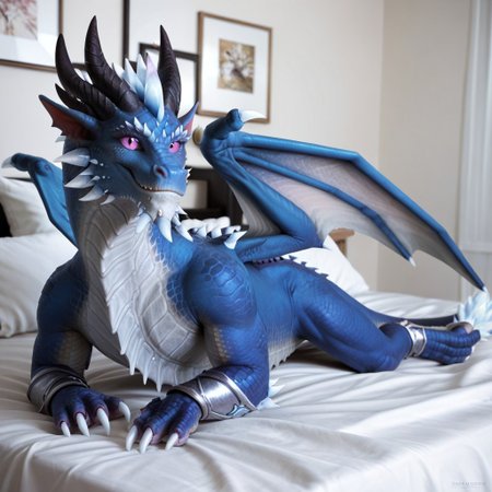 score_9, score_8_up, score_7_up, score_6_up, score_5_up, score_4_up, masterpiece, high quality, realistic, detailed, best quality, white bed, solo, rating_safe, source_furry, bedroom, smiling, seductive pose, lying on belly, looking at viewer, on bed, full body, kalecgos_wc, dragon, blue scales, wings, horns, tail, tail end, claws, male, 1boy, purple sclera, black slit pupils, feral