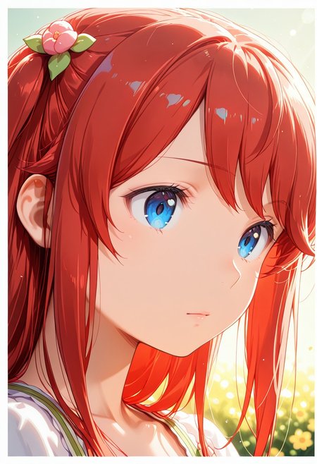 1girl, solo, masterpiece, best quality, newest, absurdres, CG, anime, source anime, illustration, very aesthetic, high resolution, ultra-detailed, newest, scenery, medium depth of field, rule of thirds, masterpiece-level, clean lines, sharp, focused subject, <lora:Theresia_van_Astrea_r1:1>
BREAK 1girl, solo, Theresia_van_Astrea, t_theresia, hair ornament, long hair,white dress, red hair,dress,flower, hair flower,two side up
closeup, closeup to face, portrait, outside border
simple background
cinematic angle, various angles, detailed background, beautiful background, (rays light:1.0),(grow:1.0), light particles
