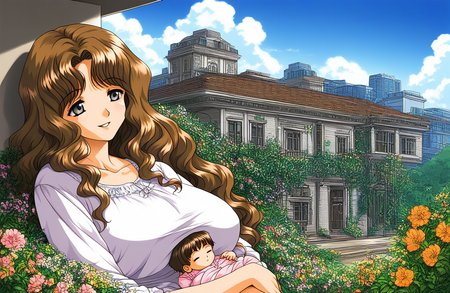 score_9, score_8_up, score_7_up, source_anime, rating_explicit, BREAK  <lora:Tsuchiya_Yuki_XL:1> TsuchiyaYuki, gray eyes, brown hair, long hair,  wavy hair, large breasts, 
day, sky, cloud, outdoors, smile,  parted lips, building,
BREAE 
holding a baby, ãshort hair, sleeping,
mother and baby;
flower, no humans, scenery, sky, cloud, day, outdoors, plant, window, building