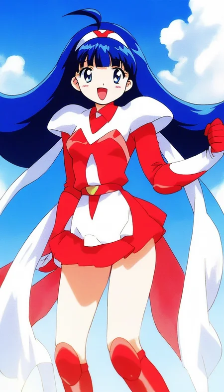 score_9, score_8_up, score_7_up, source_anime, rating_explicit, BREAK  <lora:Tsurugino_Hikari_XL:1>Tsurugino_Hikari, long hair, blue hair, 1990s (style), hairband, blue eyes, bangs, ahoge, small breasts,
Tsurugino_Hikari, 1girl, solo, 1990s (style), open mouth, cape, boots, armor, smile, knee boots, red gloves, skirt, dress, pauldrons, looking at viewer, shoulder armor,
outdoorm, day, sky,