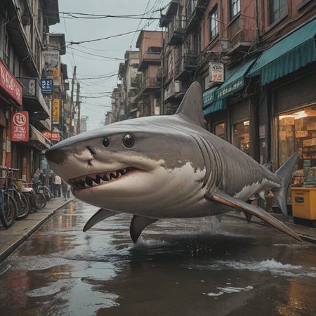 by KÅji Morimoto, (Tiger Shark:1.1) , it is Breathtaking and Charming, street, Atompunk, One Color ,8k, masterpiece, best quality, hyperrealistic, superrealistic, photorealistic, ultra sharp, 16 bit colors, highres,