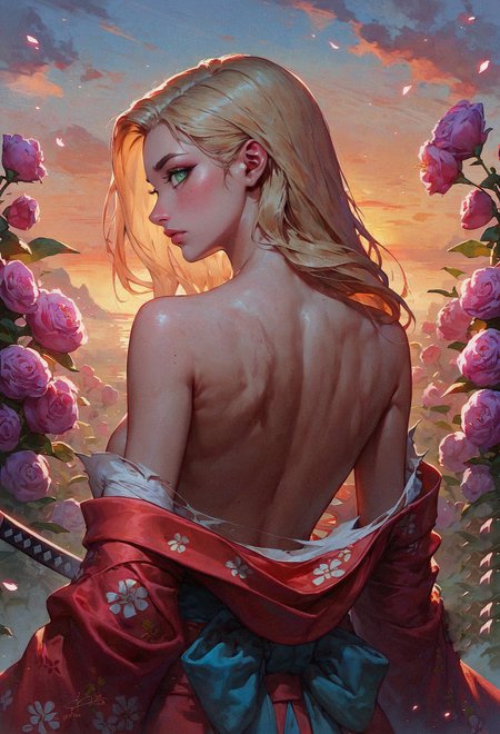 score_9, score_8_up, score_7_up, 1girl, torn red kimono, looking at viewer from behind, sunrise, blonde hair, long hair, flowers, off shoulder, perfect female waist, green eyes, upper body, (subtle body scars:0.83), katana  <lora:sdxl\Concept Art Twilight Style SDXL_LoRA_Pony Diffusion V6 XL:0.8> <lora:sdxl\Pony_DetailV1.0>