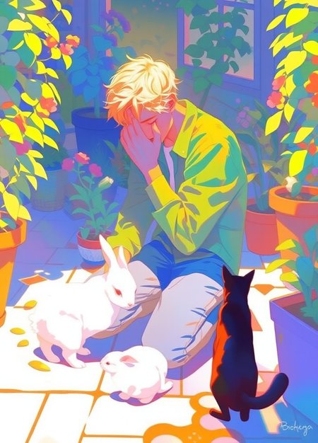 The image is an illustration of a young man kneeling on the ground in a garden. He is wearing a green shirt and blue jeans, and has blonde hair. He appears to be in a state of distress, with his head resting on his hands and his eyes closed. In front of him, there is a cute white rabbit and a black cat. The garden is filled with potted plants and flowers, and there is a trellis in the background. The overall mood of the image is one of sadness and despair.

a vibrant, dreamy, whimsical masterpiece full of details and high quality create a serene scene with beautiful sunlit.
