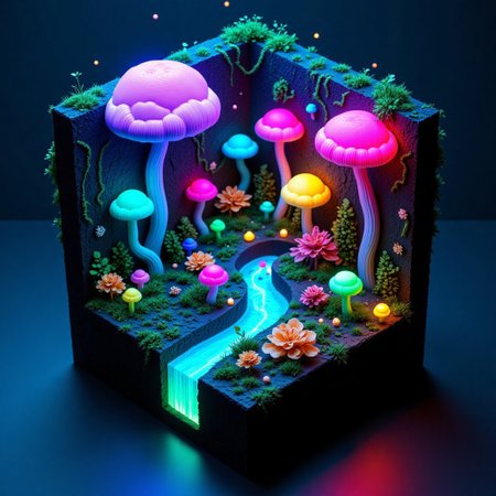 M1CR0CUB3D, aidmafluxpro1.1, A cubed jungle bursting with giant bioluminescent mushrooms, tangled vines, and glowing insects. The ground pulses softly, feeding light into underground fungal networks connecting to glowing spore chambers. Lighting: bioluminescent, ambient greens and pinks. Style: organic fantasy realism, surreal composition, macro photography-inspired details.