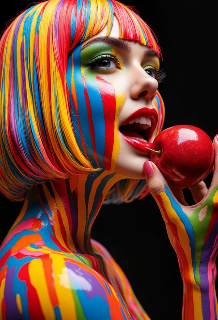 Digital illustration of a close-up and side view portrait of a young woman in her 20s, with a captivating and colorful aesthetic biting into an apple.  Its skin is covered in a very bright paint that appears plasticized with narrow vertical stripes of vibrant and saturated colors, including reds, oranges, yellows, greens, blues and purples, orange, purple, light blue. The stripes create a dynamic visual pattern. The woman has a vibrant, very bright and colorful bob haircut with the same stripes and paint as her body.  The hair color is rich and shows intense, saturated colors that appear plasticized.  Soft, natural makeup accentuates your features; Her expression is sensual and flirtatious, her gaze is fixed upward. Her lips are a striking scarlet red, complementing the vibrancy of her hair. The woman eats a very red apple that she holds in one of her hands. An intense, diffuse light illuminates his face and body from above, casting strong shadows. The black background isolates the subject, drawing attention to the intricate details of the narrow vibrant stripes and the reflective qualities of the paint.  The composition is a close-up, capturing the textures and colors, highlighting the art.  The style evokes a futuristic, vibrant or fun aesthetic and is ideal for a fashion, beauty or graphic design piece. The work emphasizes vibrant colors and unusual patterns; and a feeling of intense joy.  High-contrast close-up portrait style with bright, bold colors and dynamic patterns.  Modern abstract style.

aidmaMJ6.1
