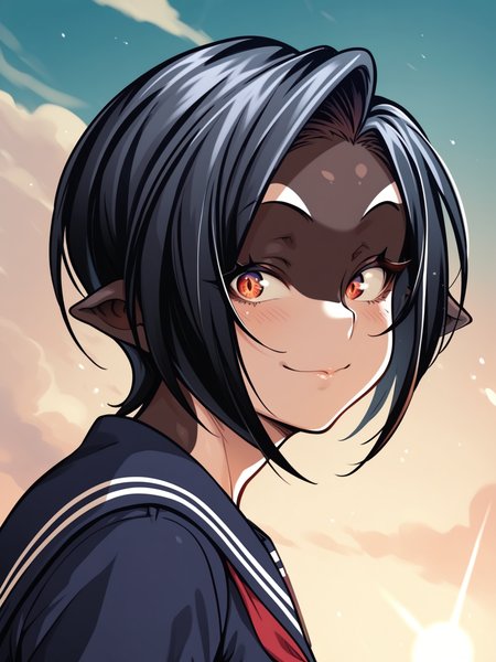 <lora:happy_tentacle-rukka-v0.4-000020:1>, ht_rukka, orca girl, dorsal fin, two-tone skin, school uniform, outdoors , 1girl, solo, portrait , evil eyes , ( naughty face :1), , looking away , , from side , score_9, score_8_up, score_7_up, score_6_up, score_5_up, score_4_up