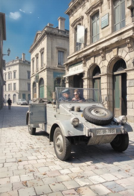 Illustration: A car parked in the suburbs of Paris in 1944 during World War II. A German officer and an attractive woman dressed in flashy clothes are having a lovers' quarrel. At night, on cobblestone streets. <lora:kubelwagen_flux:1>,kubelwagen,  ,door open,car hood, german grey,a clean car.,<lora:ImpressionismFlux:1> ArsMJStyle, impressionism