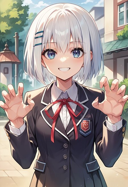 score_9, score_8_up, score_7_up, source_anime, masterpiece, 1girl, ctiantobii, blazer, school uniform, neck ribbon, pleated skirt, dress shirt, looking at viewer, outdoors, portrait, claw pose, smile,   <lora:Origami_Tobiicchi_pony_ct:0.8>, anime coloring,
