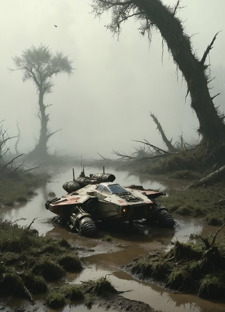 Dagoba,space fighter crashed in a swamp,side shot,master Yoda:,(forest,fog:1.5),8k,F2.8,RAW Photo,ultra detailed,real life,<lora:Desolation:0.5>,