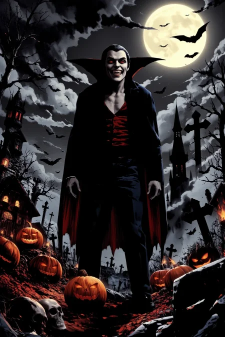 (dracula:1.3), halloween night,red eyes , (fangs) , standing, evil smile, luminous (jack-o-lanterns, pumpkins), (horror terror landscape), sharp focus, moonligh, full moon, glowing lights, burning torches, (bats) in the sky, (vampire gothic theme atmosphere), (old creepy victorian mansion), skull, red glowing flowers, fog, fire, crosses, graveyard, ethereal lights, (very detailed), (medium shot), ghost, best quality, realistic, grey sky, dark tones, monochrome, natural ethereum light, backlight, shadows, high contrast, hdr, reflections,<lora:Hand v2:0.8> Detailed hand, Hand, Perfect hand <lora:Vintage comic book:1> <lora:Luminous_Shadowscape:0.3>, <lora:FluxF4ngs:1>