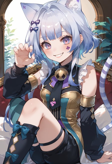 (score_9:0.9),score_8_up,score_7_up,rating_safe,anime_style,(zPDXL),(zPDXL3),((solo)),<lora:MALICE Pawn Cheshire Cat ponyXL v1.31:0.75>,mâlice pawn cheshire cat,1girl,solo,claw pose,cat ears,smile,looking at viewer,detached sleeves,black shorts,neck bell,asymmetrical legwear,argyle,sitting,facial mark,thigh strap,cat girl,black dress,