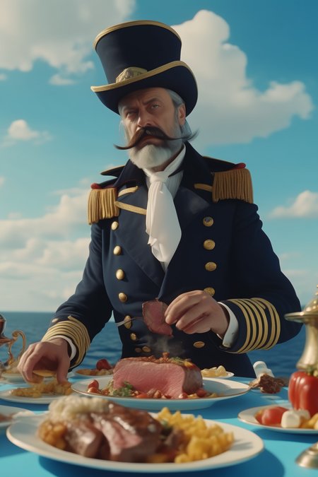 <lora:Director Emir Kusturica style:1>Director Emir Kusturica style - The plot of the film. rich.food.The surrealism of . Mechanical theme. Dressed in captain's costume. With captain's hat. The old captain cutting a steak. Azure sky. 's beard twice as long,  food .c4d renderer, dramatic lighting, vivid and vibrant 8k, 35mm lens realistic Kodak Portra 800