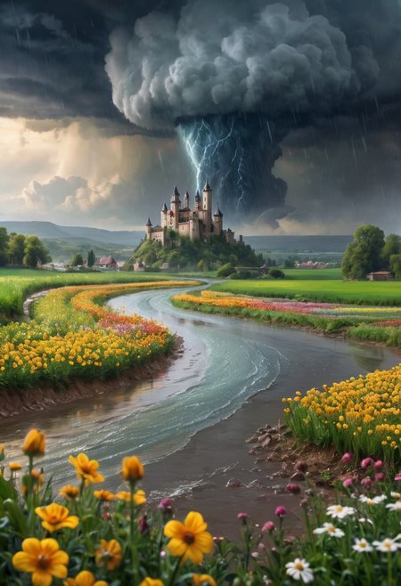 oil matte art, calm relaxing scenery, river, DarkFantasy, panoramic view, rain, wet, castle on the cliff, drastic contrast, flower field, crystal clear, huge tornado in the background, bokeh, OverallDetail, 
extremely detailed, UHD,(long exposure )