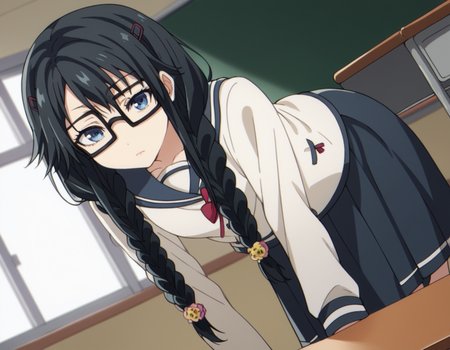 score_9, score_8_up, score_7_up, source_anime,
sumirekosanshokuin, <lora:sumireko-sanshokuin-s1-ponyxl-lora-nochekaiser:1>
sumireko sanshokuin, long hair, black hair, blue eyes,
hair ornament, braid, glasses, twin braids, black-framed eyewear, skirt, hair ornament, school uniform, serafuku, black skirt, long skirt,
indoors, classroom, bent over,
looking at viewer, cowboy shot, dutch angle, solo,