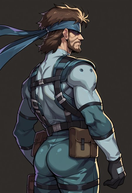 score_9, score_8_up, score_7_up, BREAK <lora:hades-guy-PONYv1:1>, shadow, portrait, 1boy, solo,  <lora:solidsnake-pdxl-nvwls-v1:0.9> solidsnake, brown hair, beard, facial hair, headband, blue bodysuit, gloves, harness, belt pouch, shaded face, dark background, from behind, ass, from side,