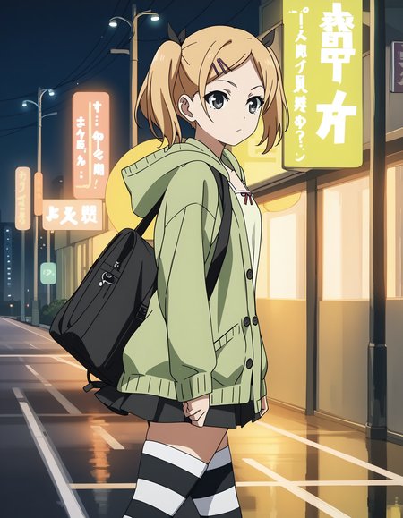 score_9,  score_8_up, score_7_up, <lora:Yano_Erika:0.7> yano erika,grey eyes,twintails,hair clip
green cardigan,hoodie,white camisole,skirt,black and white striped thighhighs
1girl, solo, walking, from side, looking at phone, glowing, cityscape, city lights, night