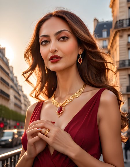In the heart of a bustling Parisian street, under the soft glow of golden evening sunlight filtering through the towering buildings, stands a stunning woman named AM832RRB. Her long, wavy brown hair cascades down her shoulders, framing her radiant face with high cheekbones and full lips painted in a deep scarlet shade. She is dressed in an elegant yet modern red dress that accentuates her figure, accessorized with a dazzling collection of gold jewelry sparkling in the sunlight. Her gaze locks with the viewer, creating an intimate connection, as she confidently holds up a delicate gold necklace adorned with a large ruby pendant, her fingers subtly reflecting the last rays of the setting sun against the backdrop of the city's vibrant life.
