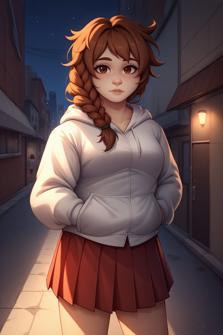 score_9, score_8_up, 1girl, solo <lora:NSMarnieStardew:1> NSMarnieStardew, single braid, brown hair, brown eyes, white hoodie, hands in pockets, pleated skirt, red skirt, looking at the viewer, outdoors, alleyway, city, night