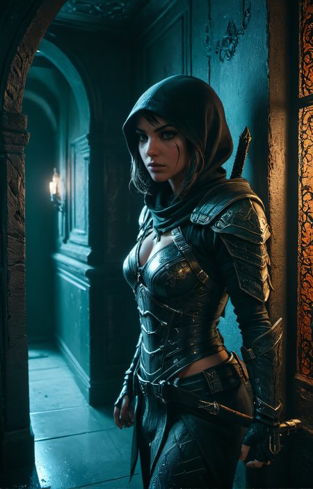 a female assassin looks around a dark corner in a hallway at the viewer,absurdres,intricately detailed,32K  ,<lora:Creat0rDet4ilz:.7>, glow effects, godrays, Hand drawn, render, 8k, octane render, cinema 4d, blender, dark, atmospheric 8k ultra detailed, cinematic, Sharp focus, big depth of field, Masterpiece, 3d octane render, 8k, concept art, trending on artstation, hyperrealistic, extremely detailed CG unity 8k wallpaper, trending on CGSociety, Intricate, High Detail, dramatic