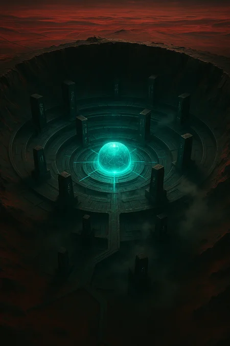 sci-fi cinematic film still, birds eye view, rich shades of crimson red, cyan blue, obsidian black, teal green and ivory, a vast, otherworldly landscape featuring an ancient crater on a distant world, the crater is housing a mysterious research facility from a long-lost civilization, the structure’s heart is a radiant cyan glowing spherical core, emitting a cold, pulsing light that feeds into luminous pathways and conduits etched into the crater walls. the facility unfolds in perfect concentric rings and raised iridescent metallic platforms build into the crater walls, each tier housing monolithic structures inscribed with indecipherable alien runes that faintly flicker in cyan, the scene evokes an eerie stillness, as though the place is dormant but not dead. around the crater, the terrain is divided by geometric channels and walkways crossing them, the structures are ancient, yet none appear to decay, an unsettling testament to engineering that defies time and comprehension, ethereal fog curls across the platforms, partially veiling certain areas, enhancing the enigma of what lies hidden. the surrounding crater rim appears jagged and sharp, a perimeter of black stone, beyond which stretches a desert of glimmering crimson red dunes under a dim alien sun. the camera is looking down into the illuminated core and concentric formations below, emphasizing symmetry and scale. the glow of the core spills long radial shadows across the surrounding tiers, while subtle light bloom and mist softens hard edges, the lighting creates a high-contrast interplay of dark structure and luminous energy. captured in medium format digital with cinematic lens depth and clarity, faint chromatic aberrations and atmospheric haze simulate distance and scale