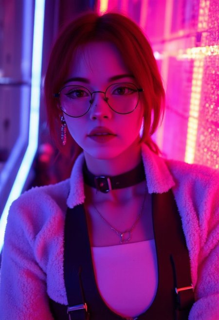 This is a digital illustration rendered in a highly stylized, hyper-realistic CGI (computer-generated imagery) style, characterized by vibrant neon colors and smooth textures. The subject is a young woman KTNK with a fair complexion and an athletic build. She has her red hair styled in a sleek, high bun. She wears round, thin-rimmed glasses that reflect the neon lights around her, adding to the futuristic ambiance.