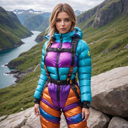 ((full body shot)), photo of one swedish professional women ,unique, wearing a Polychromatic  (Kaleidoscopic downsuit puffer_downsuit prom ballgown, ((rock climbing harness))), unique hair styles,   looking at the camera, shallow depth of field, 8k uhd, dslr, soft lighting, high quality, photorealistic, realism, hyperrealism,  large cleavage  <lora:add-detail-xl:3>,   mountain scene
 <lora:puffer_downsuit_v1:0.6>