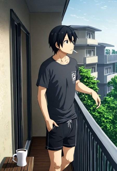 high resolution, solo, best quality, 1Boy, Kazuto Kirigaya, Black Hair, Black Eyes, home balcony, morning, cigarette, coffee, t-shirt, shorts, looking away, OverallDetail