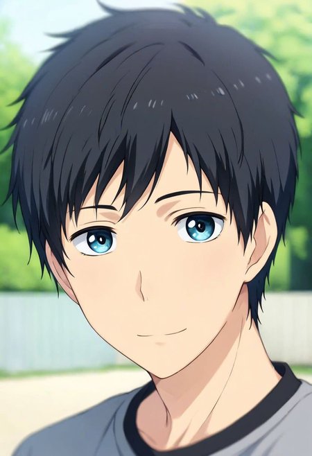 high resolution, solo, best quality, 1Boy, Arata Kaizaki, Black Hair, Blue Eyes, Looking at viewer, happiness, depth of field, half body, outdoor, OverallDetail