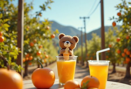 Cute bear doll sitting in large glass cup, brown bear, cup on table, bear drinking juice with paper cup and straw, eyes closed, smiling, smiling, childlike atmosphere, clay model image, orange grove, sunny, blue sky, sunshine, wide angle, 
aidmafluxpro1.1