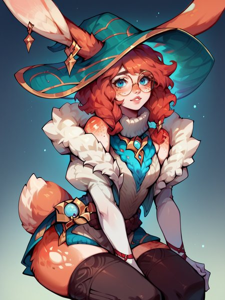 score_9, score_8_up, score_7_up, score_6_up, score_5_up,  <lora:AuroraLOLXLP:1> auroralol, 1girl, solo, rabbit ears, round eyewear, blue eyes, freckles, hat, gloves, tail, thighhighs, red hair,
