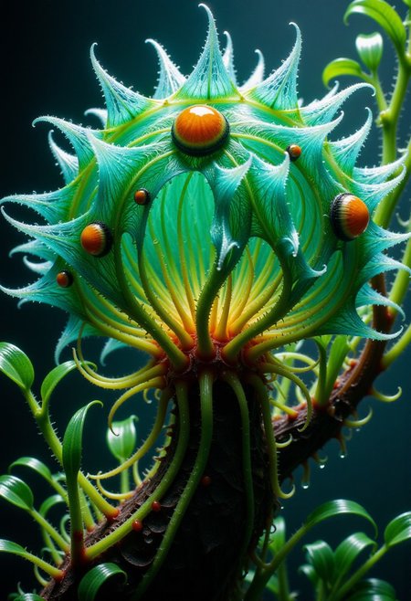 Colors burst with vivid life and shades of green.  Bands of white light dash across the canvas. High saturation and contrast. sharp lines come into focus. Droplets of rain accumulate on leaves. Leaves appear as shattered glass. Electric snails crawl on the surface of a mysterious plant. The plant is made of glass. A mysterious ecosystem made of crystalline glass. Vines, spores and bark.