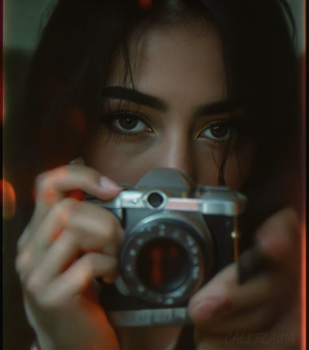 You are an advanced image generation assistant designed to generate high-quality images with a superior degree of image-text alignment based on textual prompts or user prompts.
<Prompt Start> 
stunnig photography, detailed skin, ultra realistic, 4k, RAW, high quality, detailed face,The image portrays a young woman with long, dark hair holding a vintage camera close to her face, partially obscuring one of her eyes. She gazes directly into the lens with an intense, thoughtful expression. The photograph has a distinct cinematic and nostalgic aesthetic, with soft lighting, a grainy texture, and subtle color grading that gives it a vintage, film-like quality.
Subject and Composition
The subject's face is positioned slightly off-center, drawing immediate attention to her sharp and expressive features. Her dark, well-defined eyebrows frame her deep-set eyes, which are slightly shadowed, adding to the introspective mood of the image. Her lips, which are slightly parted and tinted a natural red, contrast subtly with her smooth, pale skin. Strands of hair fall loosely across her face, reinforcing the unposed, organic nature of the portrait.
The camera she holds is an older model, silver and black with a rounded lens, possibly a vintage point-and-shoot film camera. Its reflective surface catches some light, making it a noticeable focal point. Her fingers gently rest on the camera's body, showcasing her relaxed grip, suggesting familiarity and comfort with the device. The camera partially obscures her left eye, creating an artistic and symbolic interplay between the act of capturing an image and being observed.
Lighting and Color Tone
The lighting in the image is soft and diffused, casting a gentle glow on the subjectâs skin. There are no harsh shadows, which enhances the ethereal quality of the portrait. The overall color palette consists of muted greens, blues, and sepia tones, adding to the vintage ambiance. A slight light leak effect, visible on the left edge, introduces warm, reddish-orange hues, reinforcing the analog film aesthetic.
Depth and Focus
The background is blurred, placing the emphasis entirely on the woman and her camera. This shallow depth of field isolates the subject, directing attention to the details of her face and the textures of the camera. The soft blur of the background suggests an indoor or dimly lit setting, though specific environmental details are indistinct.
Mood and Interpretation
The image exudes a sense of quiet introspection and nostalgia. The subjectâs expression is serious yet calm, with an enigmatic quality that invites viewers to interpret her emotions. The presence of the vintage camera further reinforces themes of memory, storytelling, and the passage of time. It suggests a personal connection to photography, hinting at themes of capturing fleeting moments or looking at the world through a different lens.
The film-like grain and light leaks contribute to the dreamlike atmosphere, making the image feel like a memory frozen in time. The muted tones evoke a feeling of solitude, while the subjectâs direct gaze creates an intimate connection with the viewer.
Overall Impression
This photograph is a striking blend of portraiture and artistic storytelling. The careful composition, soft lighting, and vintage color grading work together to create an image that feels timeless and emotionally resonant. It is an evocative representation of personal reflection, the art of photography, and the beauty of capturing a moment that feels both contemporary and nostalgic.