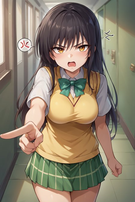 score_9, score_8_up, source_anime, BREAK 1girl <lora:kotegawayui-pdxl-nvwls-v1:1> kotegawayui, long hair, yellow sweater vest, white shirt, short sleeves, green bowtie, plaid miniskirt, green miniskirt, looking at viewer, annoyed, open mouth, pointing at you, spoken anger vein, hallway