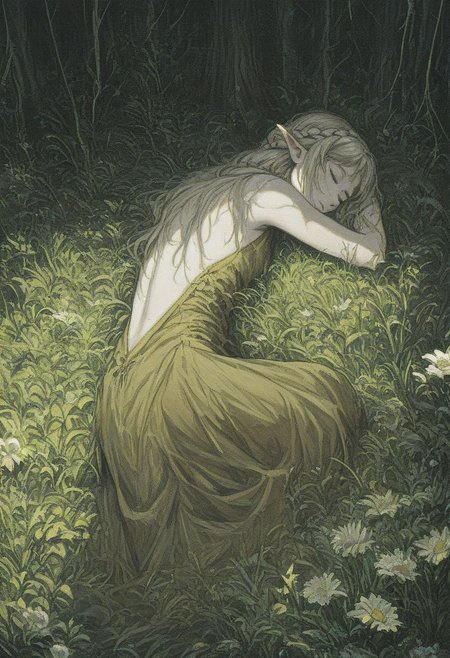 score_9, score_8_up, score_7_up, solo,Forest nymph, pale skin,Long red braid, Deciduous diodema, Pointed ears,Closed eyes,Natural beauty, jewelry on arms, dramatic lighting, Sleeping on the grass, curled up,White and yellow dress, Redwood Forest, Wildflower Meadow, Morning Dawn, skinny, xenotr1p