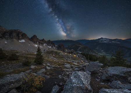 breathtaking landscape, (starry ht sky:1.34), irregular shattered luminous star clusters in sky, (stellar background:0.9), (high-resolution) (sharp details:0.85),} vast rocky mountainside, scenic landscape view,  (high quality:1.22) 
(Mountain peaks), (lodge with smoke), (hiking trails), (snowmelt streams), (granite outcroppings) (epic:0.93, (RAW:0.87),subsurface tering,high definition,   <lora:sdxl\add-detail-xl.safetensors:0.86:0.10  p3,s1