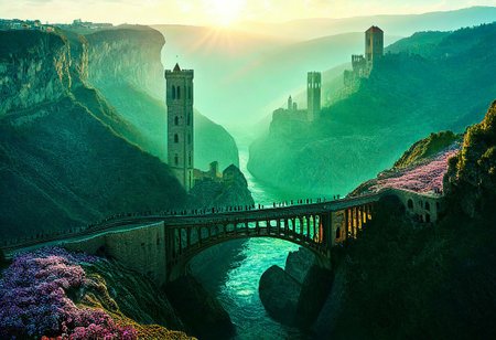towers ringed in mist, sunrays, mixed media, flux-style, surrealism, fantasy, great lighting, A surreal landscape highly detailed, extremely high-resolution details, appears trapped in an optical illusion of reflections and refractions, colorful, Spring, cherry blossoms in the wind, sweeping vistas, majesty, spring blooms, (Zhangjiajie mountains:1.2),  (((Paris in contemporary France, baroque architecture, European architecture, Firenze towers))), (stone arch bridges:1.05), winding rivers extending to the horizon, professional photography, natural lighting, volumetric lighting maximalist. vivid, vibrant colors, intricately detailed, (psychedelic colors, psychedelic colors:1.15), complex, elegant, expansive, fantastical, film photography style, medium grain, cmnt
 (8k uhd:1,4)
 <lora:add-detail-xl:1>
 <lora:Dynamic Poses:1>