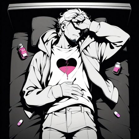 masterpiece,best quality,amazing quality, high contrast, monochrome, greyscale, spot color, 1boy, solo, mature male, short hair, curly hair, goatee, no eyes, lying, on bed, open hoodie, shirt, pants, hand on own forehead, hand on own stomach, sad, one pill bottle, pink pill, broken heart print, print shirt, from above, cowboy shot, vignetting, black background