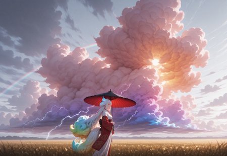 masterpiece, best quality, absurdres,anime style,detailed eyes,
1 female solo,((((Cloud hair)))),long hair,blue eyes,kitsune tails,white kimono,red sleeves,golden embroidery,
wide shot,from side,feet out of frame,low angle,
looking to the left,sun umbrella,washi umbrella,multicollored umbrella,red umbrella,black umbrella,walking along rye field,

white background, ((((huge fluffy Clouds)))),((((rainbow gradient cloud)))),cloud lightning,