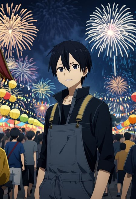 high resolution, professional photography, best quality, 1Boy, Kirigaya Kazuto, Black Hair, Black Eyes, overalldetail, festivals, nights, fireworks, crowds, happy