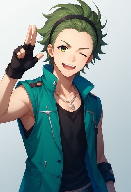 score_9, score_8_up, score_7_up, source_anime, highly detailed, 
mitarai, 1boy, male focus, one eye closed, salute, green hair, green eyes, solo, fingerless gloves, gloves, smile, jewelry, open mouth, necklace,
two-finger salute, hairband, sleeveless, shirt, jacket, upper body,
indoor,