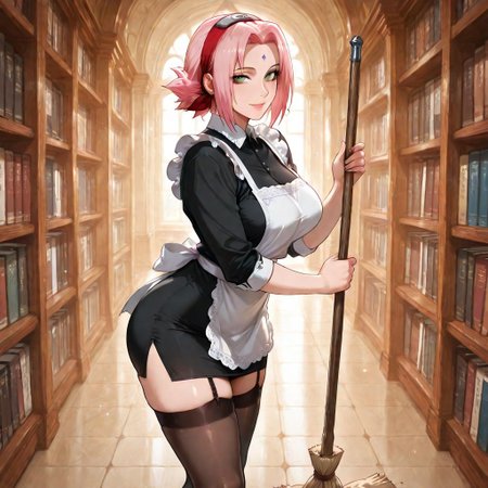 score_9,score_8_up,score_7_up,morimee_style,extremely detailed,sharp focus,HD,1girl,((solo)),Mature Woman,
haruno sakura,pink hair,green eyes,forehead mark, large breasts, voluptuous, juicy butt,
sweeping, tilted sweeping, library,
inside,detailed Background, sexy,
maid, apron, thighhighs, garter straps, black dress,