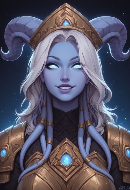 score_9, score_8_up, score_7_up, score_6_up, score_5_up, score_4_up, uncensored, 
BREAK
Expressiveh, very aesthetic, Godrays, 
yrel, 1girl, bokeh:1.2, sexy, white hair, glowing blue eyes, Draenei, large breasts, perfect eyelashes, blue skin girl, hat, golden armor, (perfect eyes:1.3, wide eyes, detailed eyes, amazing eyes, blue eyes, beautiful blue eyes), 
((girl facing viewer)), smile, face_focus, close up,