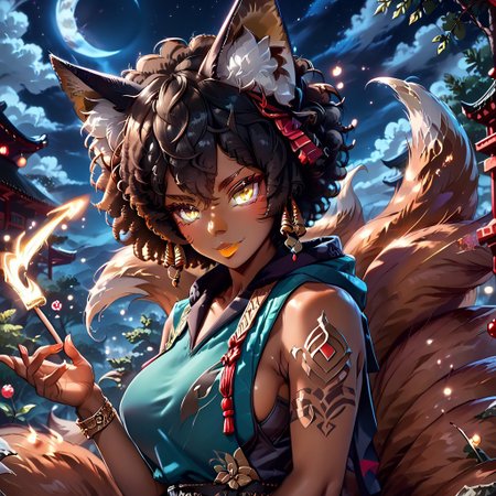 (score_9), score_8_up, score_7_up, 
anime
1girl, full body,
(dark brown skin, beautiful, black hair, curly hair (large round afro: 1.4), (((Kitsune)), Fox ears, ((fox tail)), large tail, (nine tails), (multiple tails), saddle brown tails:1.2, black fur tips: 1.6), (yellow eyes, slit pupils: 1.4), (glowing eyes: 0.8), eyesHD, high definition eyes, teeth with fangs, black claws, 
tattoo, hood, jewelry, bracelet, sleeveless, hoodie, 
(gigantic breasts, round breasts, huge ass, sexy, thick thighs), top heavy, black lipstick, silver jewelry, evil grin, sexy, (black hole in hand), holding black hole,  
blue flames
Alleyway, night, event horizon, gravitational lensing