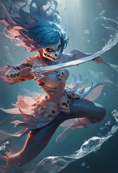 score_9,score_8_up,score_7_up,1girl,wearing skull face armor,water from eyes,water like hair,moving water,water drop,underwater,<lora:Concept Art Brush Style LoRA_Pony XL v6:0.8>,concept art,digital art,<lora:princess_xl_v2:0.7>,fighting stance, holding sword,