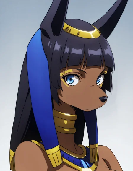 <lora:ANBS-02Illustrious1.0JLFO:1> anbs-02, headdress, 1girl, dark-skinned female, solo, egyptian, black hair, egyptian clothes, jackal ears, jewelry, long hair, furry female, blue eyes, bangs, breasts, blunt bangs,upper body, portrait, looking at viewer,